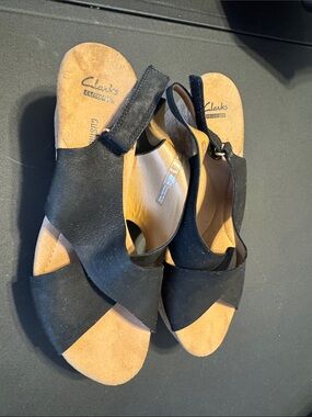 Clarks Black Suede Cross-Strap Slingback Sandals